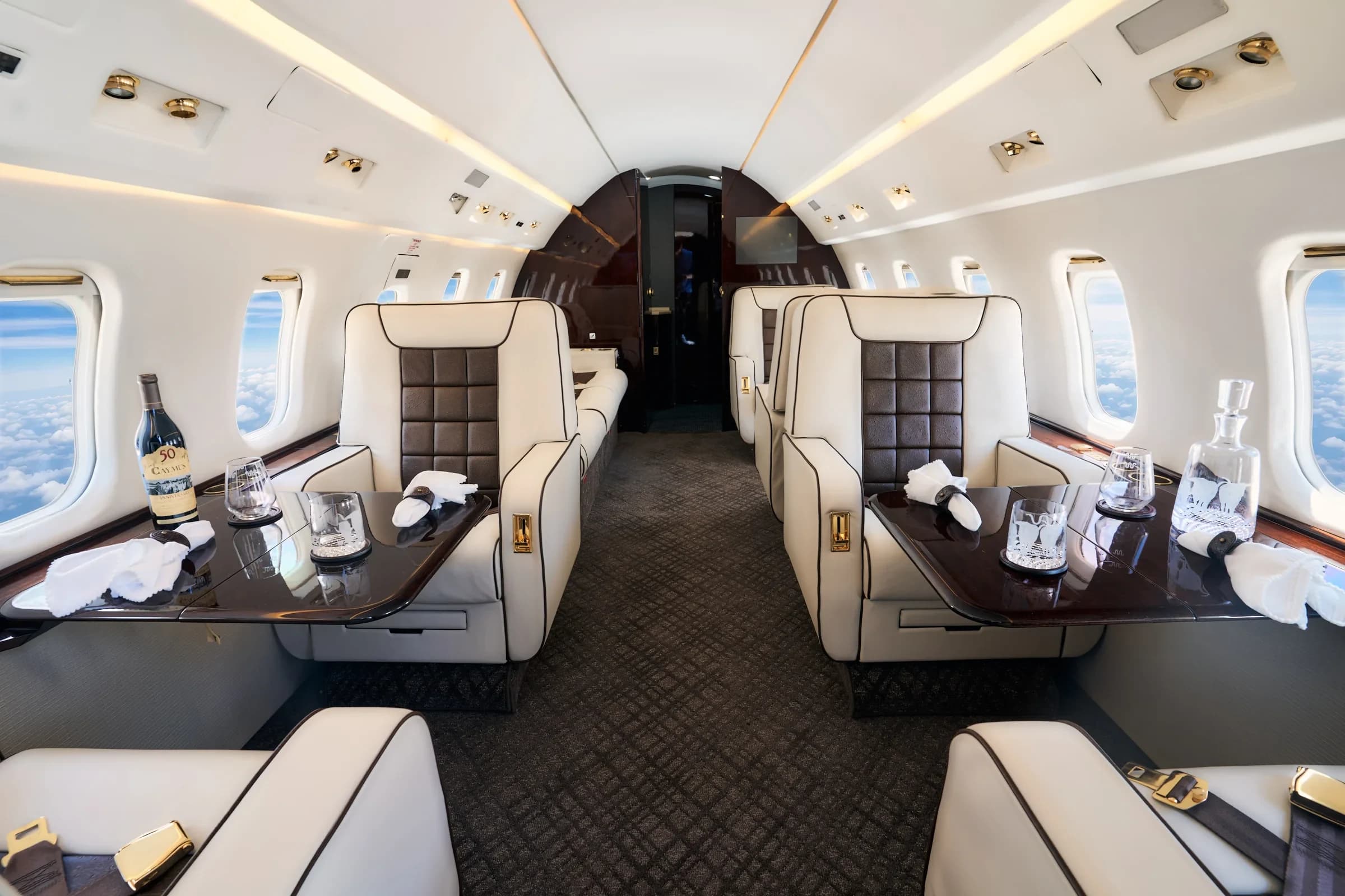 Challenger 601 cabin with tables deployed